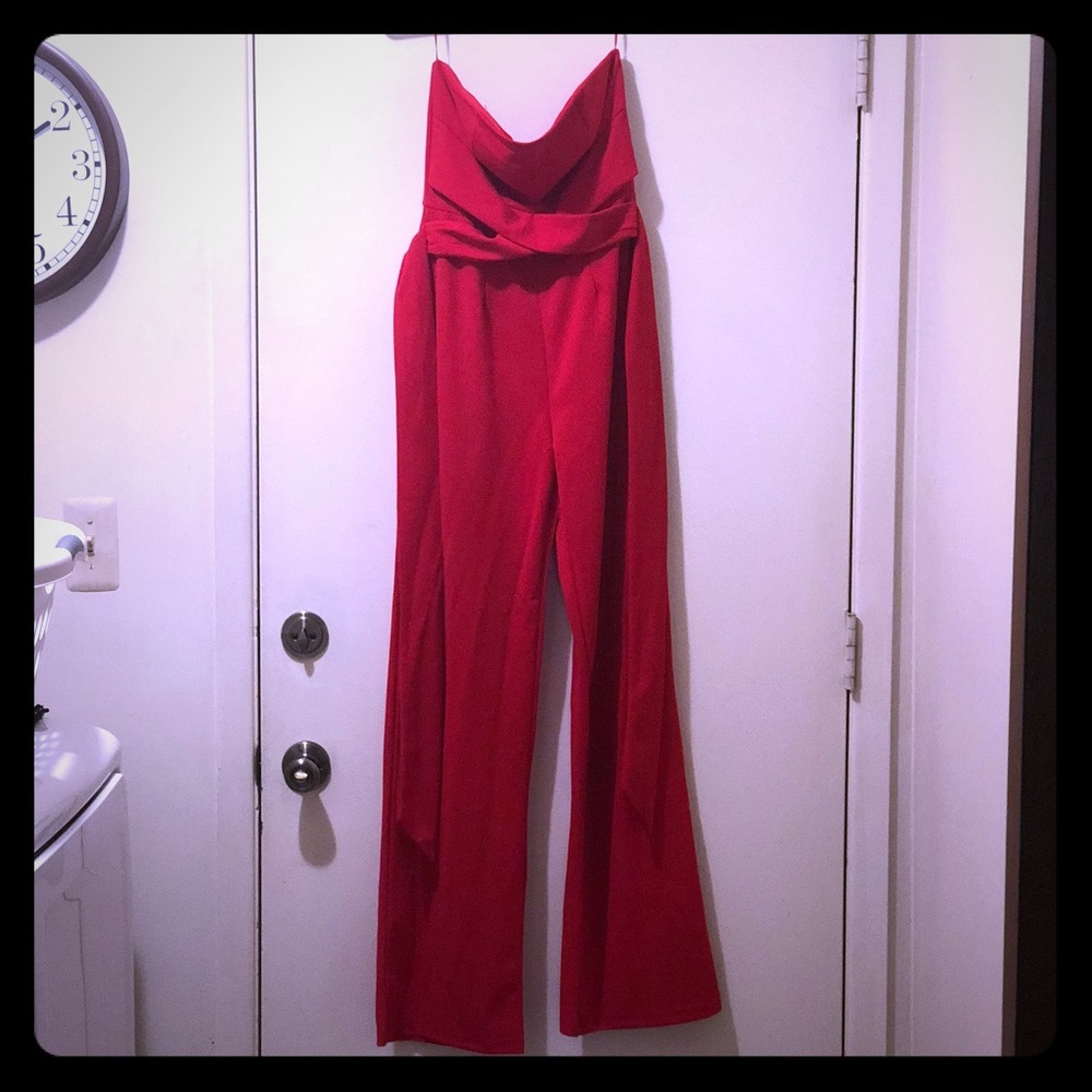 Red flare leg romper